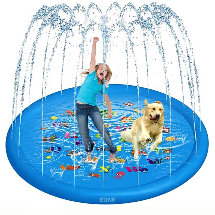 Артезиански фонтан за деца EDAR с водни пръскачки, за външна употреба, диаметър 145 см, с животни/азбука, син/многоцветен