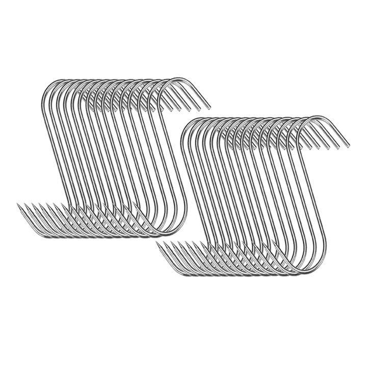 Set 30 Carlige din Inox Pentru Carne, Macelarie sau Afumatoare Premium SUPER TRENDS®, Pentru Suspendat Carnea, Pentru Toate Tipurile de Carne, Tip S, 130 x 40 x 2 mm, Argintiu