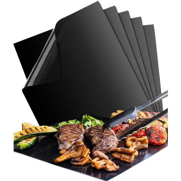 Teflon grillfólia készlet FOTOROB PTFE BBQ Grill, Party, tapadásmentes, újrafelhasználható, fekete, 5 db, 40x33cm - FOTOROB