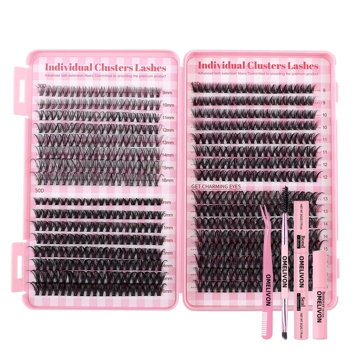 Omelivon, DIY szempilla hosszabbítás, 640 db 30D+40D+50D+60D, bolyhos és újrafelhasználható, különálló szempillák, 8-16 mm, tömítőanyag és fólia eltávolító készlet