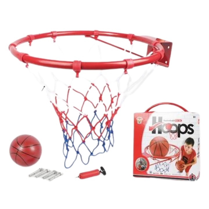 Cos de Baschet pentru copii din metal, 39 cm, minge 16 cm, pompa de umflat, sistem de prindere, interior/exterior