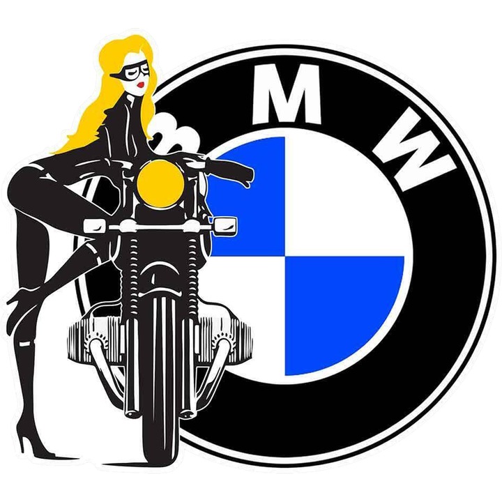 Sticker Auto Girl cu logo BMW motor, Autoadeziv, Cri-Flo, Marime 10 cm
