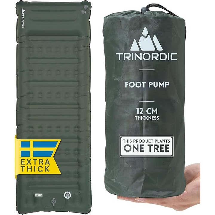 Saltea gonflabilă TRINORDIC, 12 cm, cu pompă integrată pentru picior și pernă, 70x197cm, ușor, pentru camping