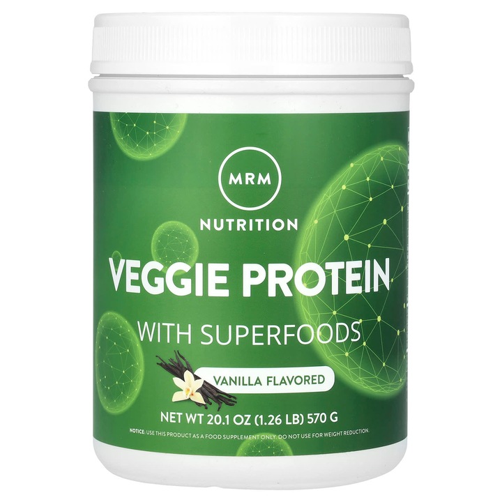 MRM Nutrition, Proteina vegetala cu superalimente, vanilie, 570 g, 22 g proteina, fara soia si gluten