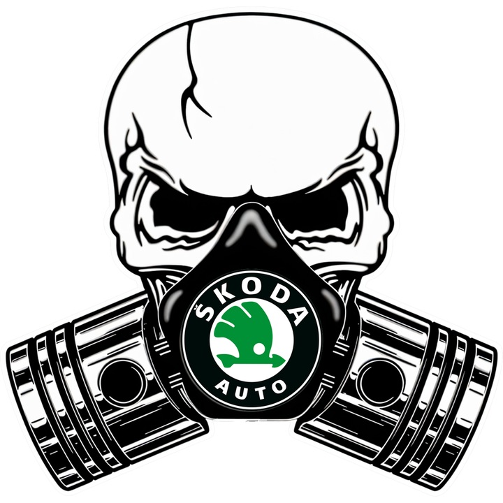 Sticker Auto Skoda Skull Pistons, Autoadeziv, Cri-Flo, Marime 10 cm
