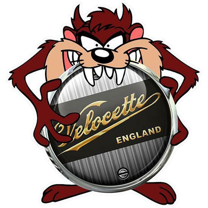 Sticker Auto Tazz cu logo VELOCETTE, Autoadeziv, Cri-Flo, Marime 10 cm