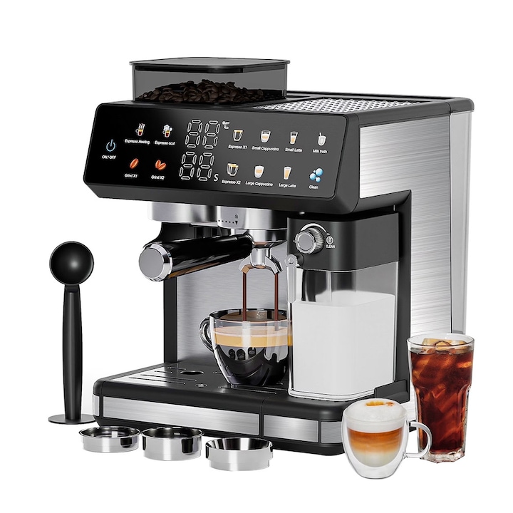 Espressor automat, 1800W, Programabil, 20 Bar, Sistem de macinare cu 20 de viteze, 4 in 1, rezervor de lapte de 700 ml, spumare automata a laptelui, rezervor de apa de 2, 6 l, Panou cu ecran tactil