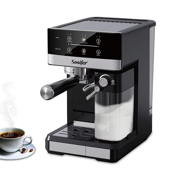 Espressor automat，20 Bar, 1350W, Rezervor de apa de 1,8 l, capacitate rezervor lapte 500 ml, ecran tactil, program de autocuratare, spumare complet automata a laptelui, Sistem de protectie la supraincalzire, Negru