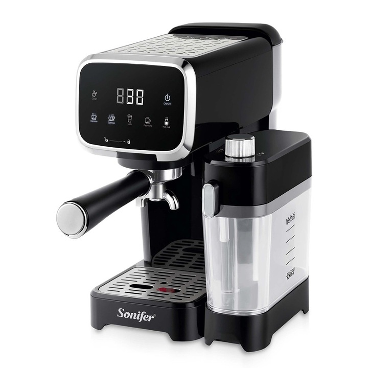 Espressor automat，20 Bar, 1350W, Rezervor de apa de 1,3 l, rezervor de lapte de 900 ml, ecran tactil, Afisaj LED, spumare complet automata a laptelui, Usor de curatat, cu placa preincalzita pentru cesti de cafea, Negru