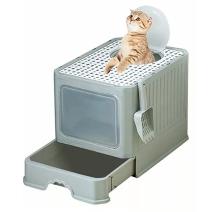Котешка тоалетна, XGETOP®, просторна, с педал за пясък, чекмедже, сива, 50x40x40 см