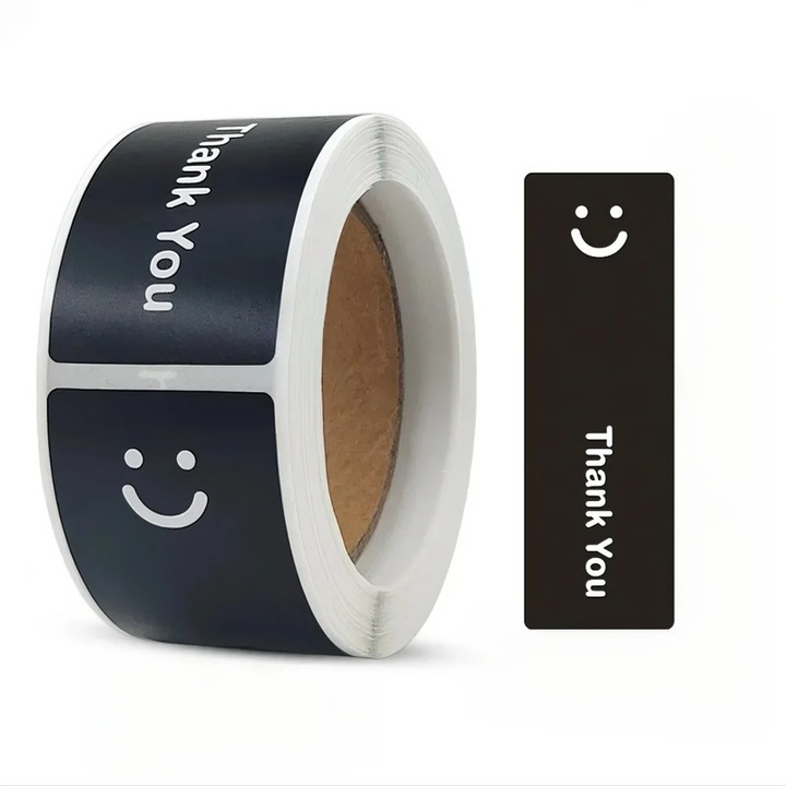 Etichete Autoadezive "Thank You" cu Zambitoare, 120 buc, 25x76mm, Hartie de Calitate Superioara, Rezistente la Ulei si Umiditate, pentru Ambalaje Cadou, Sigilarea Pungilor de Hartie, Fundal Negru cu Text Alb