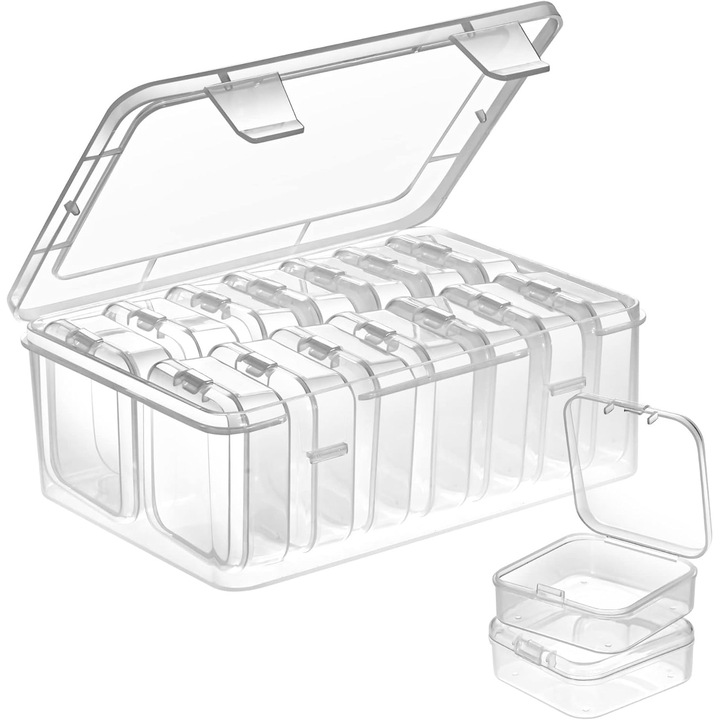 Set cutii depozitare transparente, 15 piese, cu capac cu balama, dimensiuni 6.5x4.7x2.36in si 2.16x2.16x0.79in