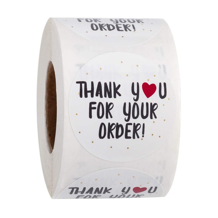 Etichete autoadezive "Thank You for Your Order", 500 buc/set, 25x25mm, design cu inima rosie si accente aurii
