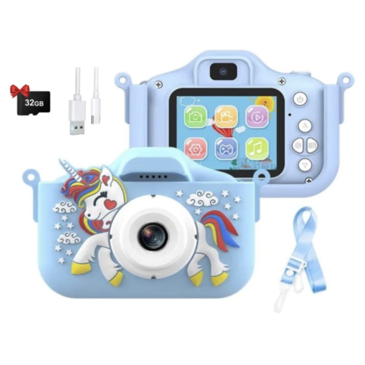 Gyerek digitális fényképezőgép, kék unikornis, 48MP, Full HD 1080p, 2” IPS képernyő, 32 GB kártya, játékok, képkeretek, hangszóró, 400 mAh akkumulátor, 3+ év