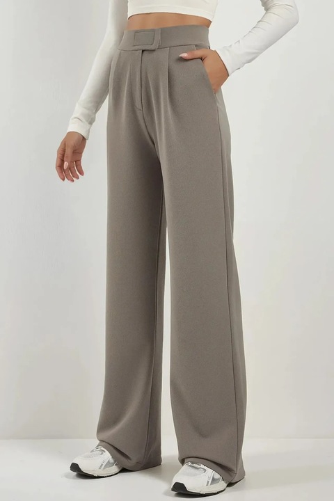 Pantaloni dama, HiCCUP, Palazzo, textil, talie inalta, picioare largi, gri, crep elastic