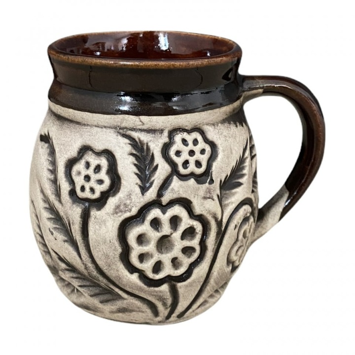 Cana ceramica sculptata pentru apa, ceai sau cafea, 250 ml, design rustic