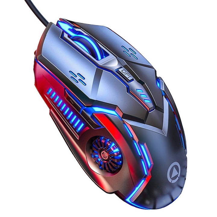 Professzionális gamer egér, 7 fényeffektus, USB, 6 gomb, állítható 1200/1600/2400 /3200DPI, RGB világítás, univerzális, fekete