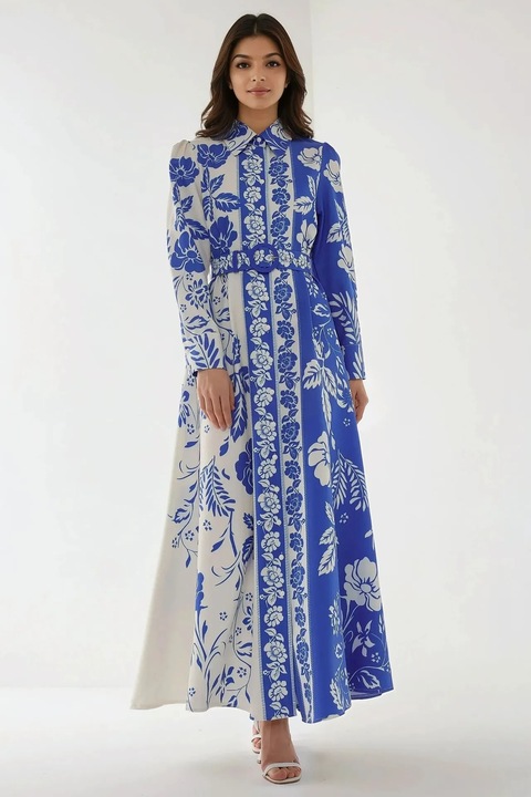 Rochie maxi HiCCUP, maneca lunga, imprimeu, textil, Albastru marin, XL