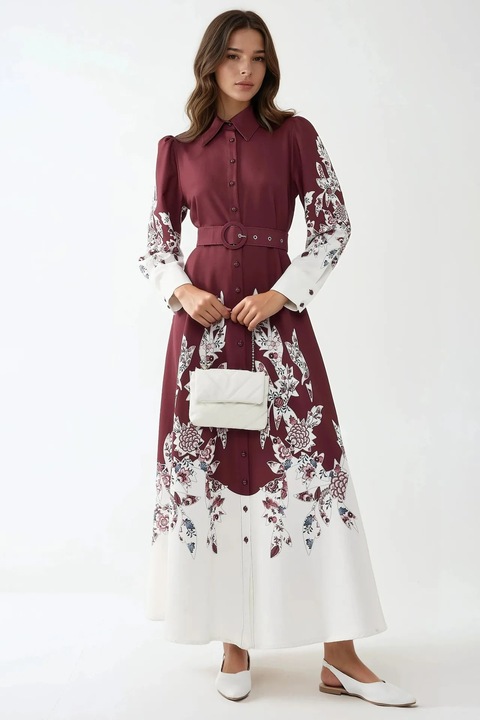 Rochie maxi HiCCUP, maneca lunga, imprimeu, rosu, textil