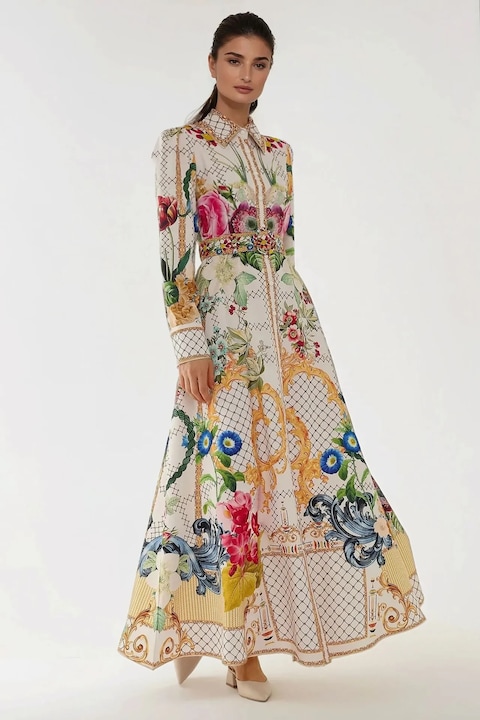Rochie maxi, HiCCUP, maneca lunga, imprimeu, multicolor, textil