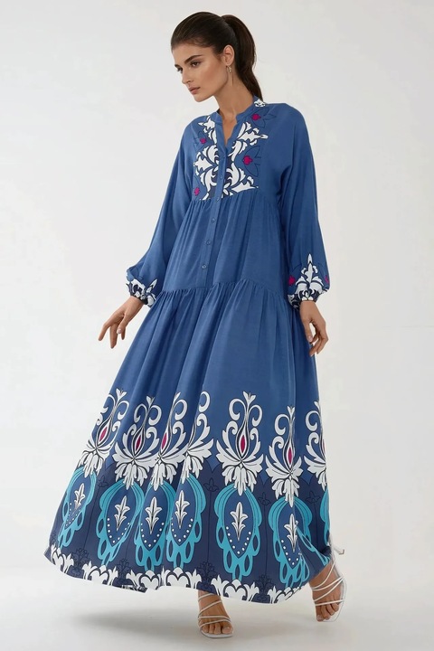 Rochie maxi HiCCUP, maneca lunga, imprimeu, albastra/alb, viscoza