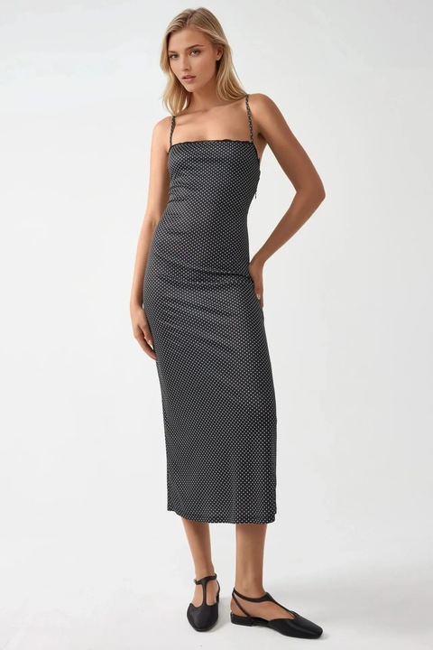 Макси рокля HiCCUP, квадратна яка, дантелени детайли, черна, джърси