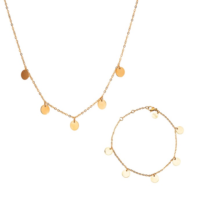 Set bijuterii, TREXORA, colier 40cm, bratara glezna 25cm, design cu ciucuri, auriu