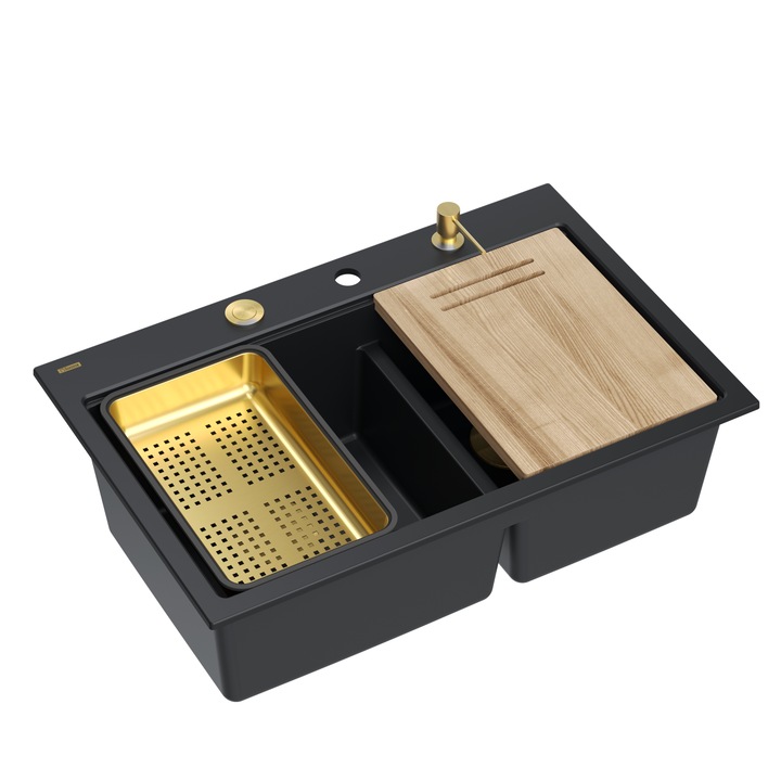 Chiuveta Quadron MARC 120 cu 2 cuve 76x50x22cm Pure Carbon Gold Set