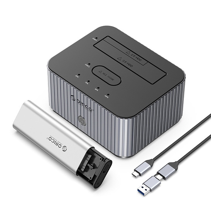 Statie de docare Orico IT28E-C, suport pentru 2 discuri M.2 NVMe, SSD/HDD 2.5''/3.5'', transfer 10Gbps, capacitate 30TB, gri, 150x120x73mm