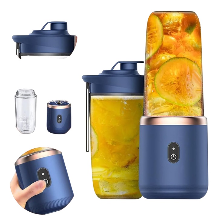 Storcator de fructe si legume portabil, 400ml, 200W, 22000 rpm, cu sticla de suc, incarcare USB, pentru prepararea de sucuri, smoothie-uri si alte alimente pentru bebelusi, Albastru
