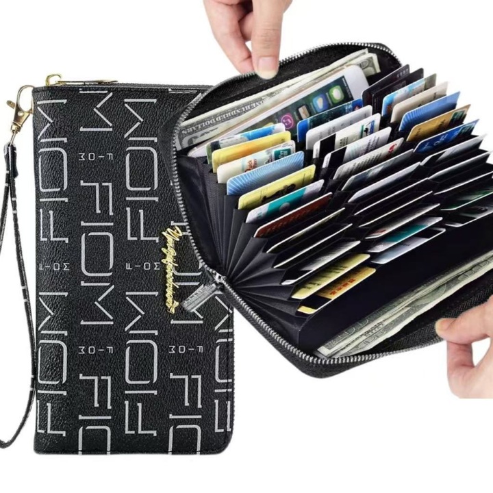 Portofel Unisex cu Capacitate Mare pentru Carduri, Lung din Piele, Tip Acordeon, cu Fermoar, Organizator, 36 Sloturi, 20x11x3cm, Negru