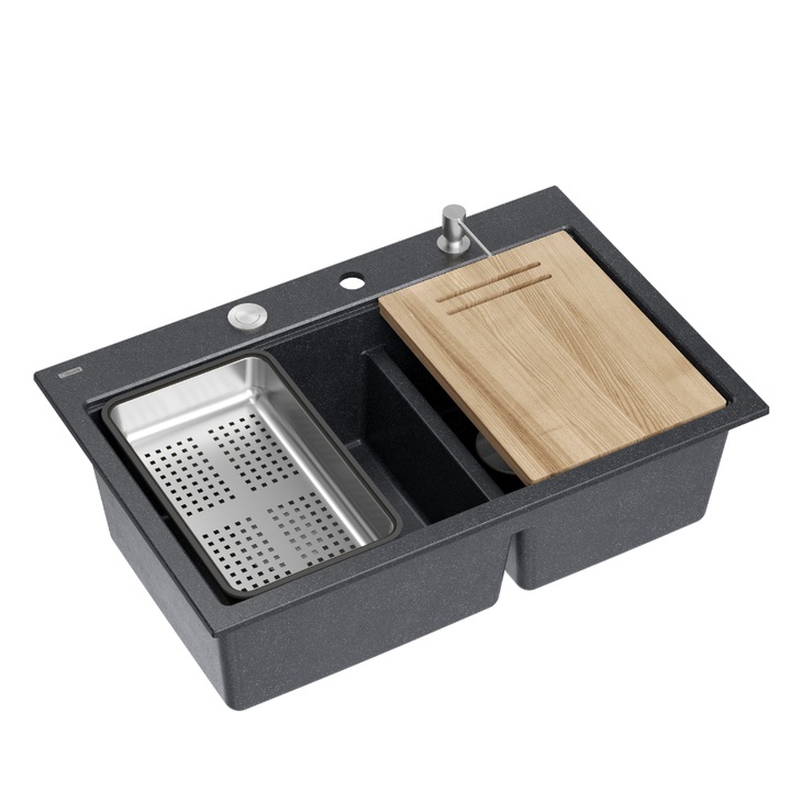 Chiuveta Quadron MARC 120 cu 2 cuve 76x50x22cm Set Negru - Elemente Otel