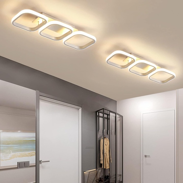 LED полилей 33W, линеен дизайн с 3 квадрата, регулируемо осветление (студено/топло/неутрално), матово бяло тяло, монтаж на таван, минималистичен стил