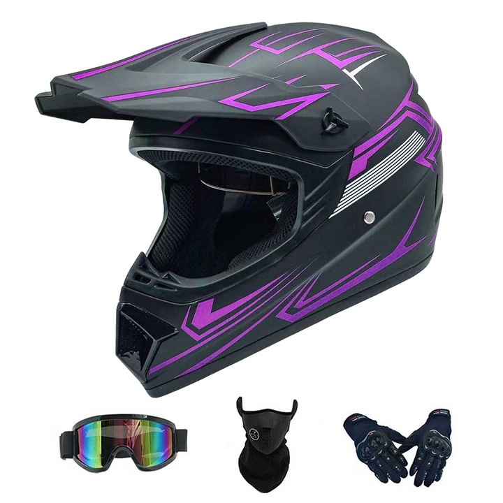 Set casca moto VPUINEFE, casca motocross, manusi, ochelari protectie, marime S (52~55), negru/mov