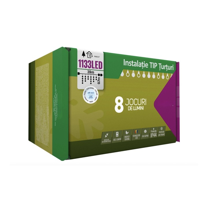 Instalatie de 39 m, 1133 Led-uri, Franjuri, Alb Rece, 8 Jocuri de Lumini, Transformator cu telecomanda, Interconectabila, Prelungitor 5 m Inclus, Fir Transparent, Pentru Casa si Gradina