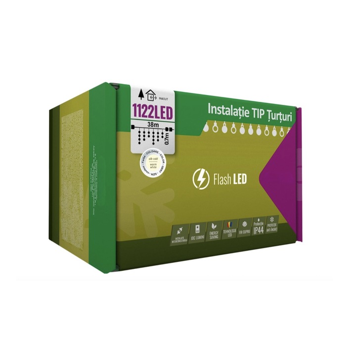 Instalatie Craciun, 38 m, 1122 Led-uri, Franjuri, Alb Cald, Flash, Transformator cu Telecomanda, Interconectabila, Prelungitor 5 m Inclus, Fir Transparent, Pentru Casa si Gradina