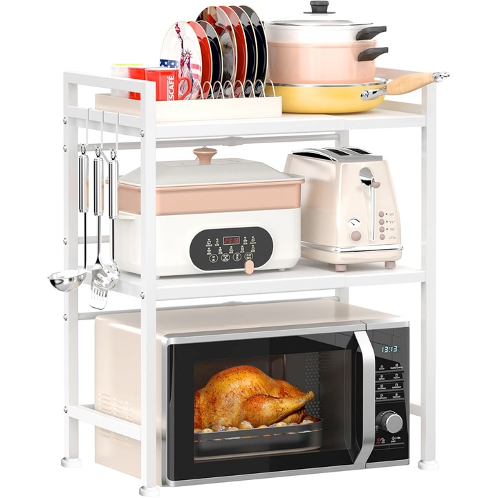 Поставка за микровълнова печка Quasar & Co.–кухненски рафт с регулируема дължина от 40 до 60 см, метална рамка с 3 куки, модел Duo Rack, 40-60x32x78,5 см, Бял