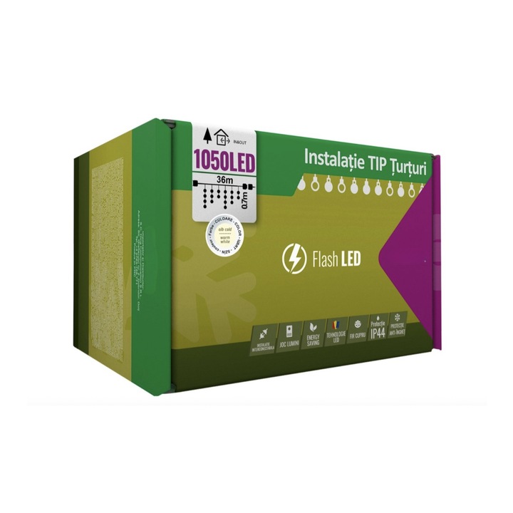 Instalatie Craciun, 36 m, 1050 Led-uri, Franjuri, Alb Cald, Flash, Transformator cu Telecomanda, Interconectabila, Prelungitor 3 m Inclus, Fir Transparent, Pentru Casa si Gradina