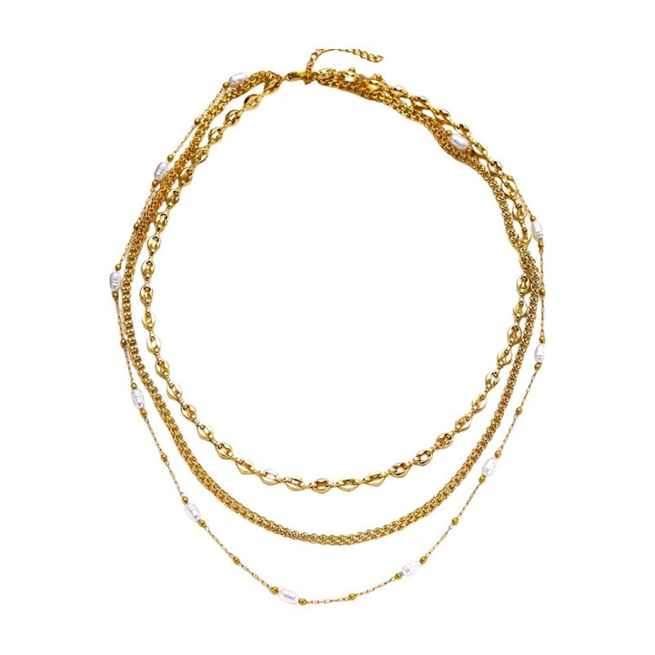 Бохемско колие, с перли и титанов метал, 25.7гр леко, за универсален стайлинг, аксесоар за деня или парти, Златисто