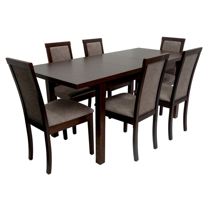 Set masa extensibila Mb-21 modena1, 140-180x80 cm cu 6 scaune tapitate Roma 4 o 25b, nuc, lemn masiv de fag, stofa