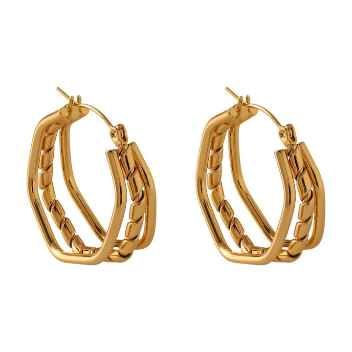 Set cercei geometrici din metal auriu, model patrat cu tesatura (3 straturi), design Hepburn retro, accesoriu artizanal luxos，aurie