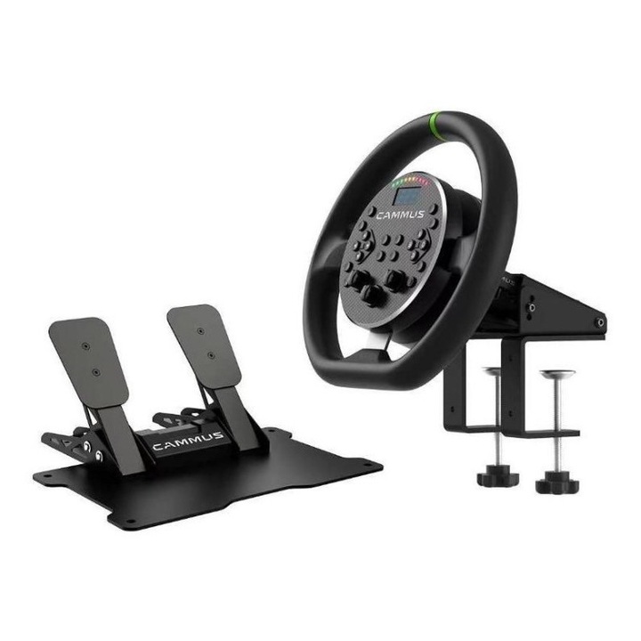 Volan CAMMUS Racing, husa din piele + sistem de fixare pentru birou, feedback real, padele magnetice pentru schimbator de viteze, functionare PC de inalta performanta - negru (Negru - set 3 piese)