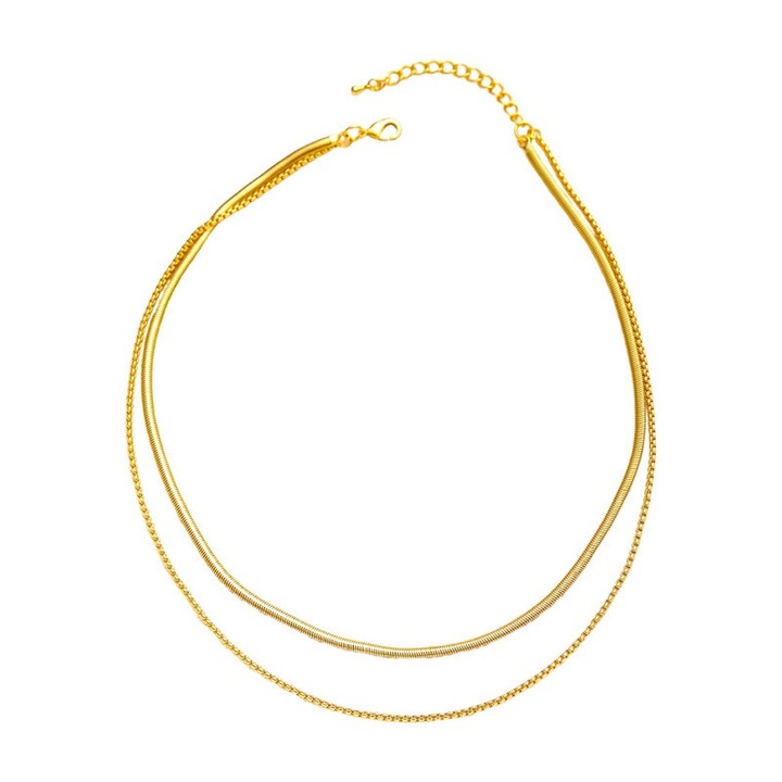 Colier lant sarpe cu lame duble si margele metalice, otel titan auriu 18K, rezistent la decolorare, stil modern si elegant, culoare aurie