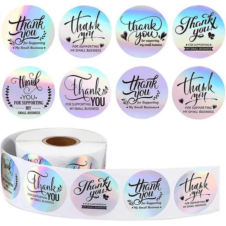 Set de etichete autoadezive "Thank You for Supporting My Small Business", 500 buc, 25x25mm, design holografic multicolor