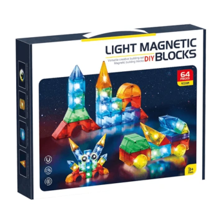 Set de constructii magnetic pentru copii Sonne Val, 64 de piese, cu lumina