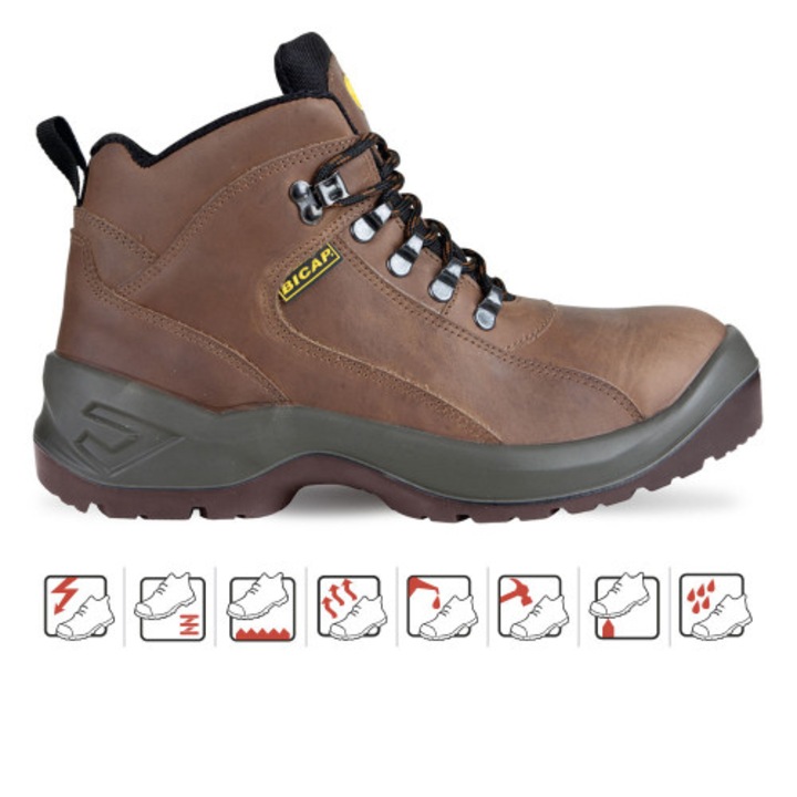 Bocanci de protectie cu bombeu metalic, Bicap, Terrano S3, Piele naturala, Maro, 36