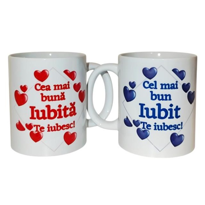 Set 2 cani personalizate pentru Iubit si Iubita, ceramica, alb, 330 ml