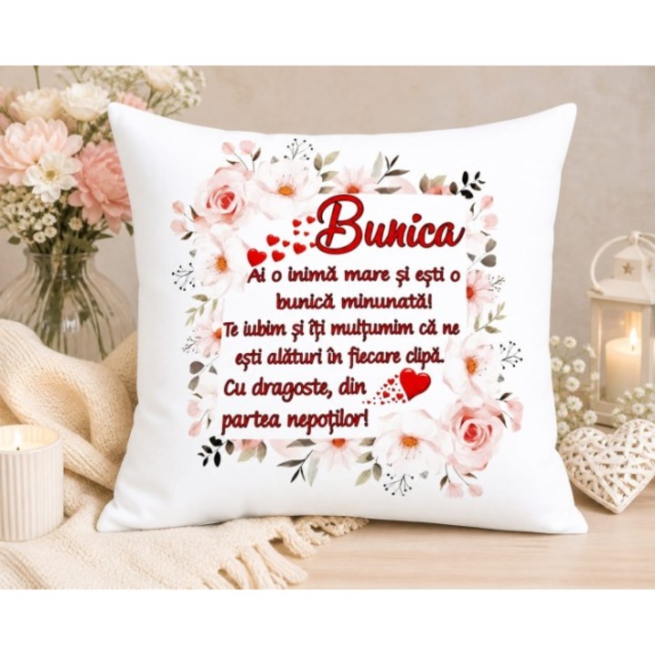Perna personalizata cu mesaj pentru Bunica, alba, poliester, 40x40 cm