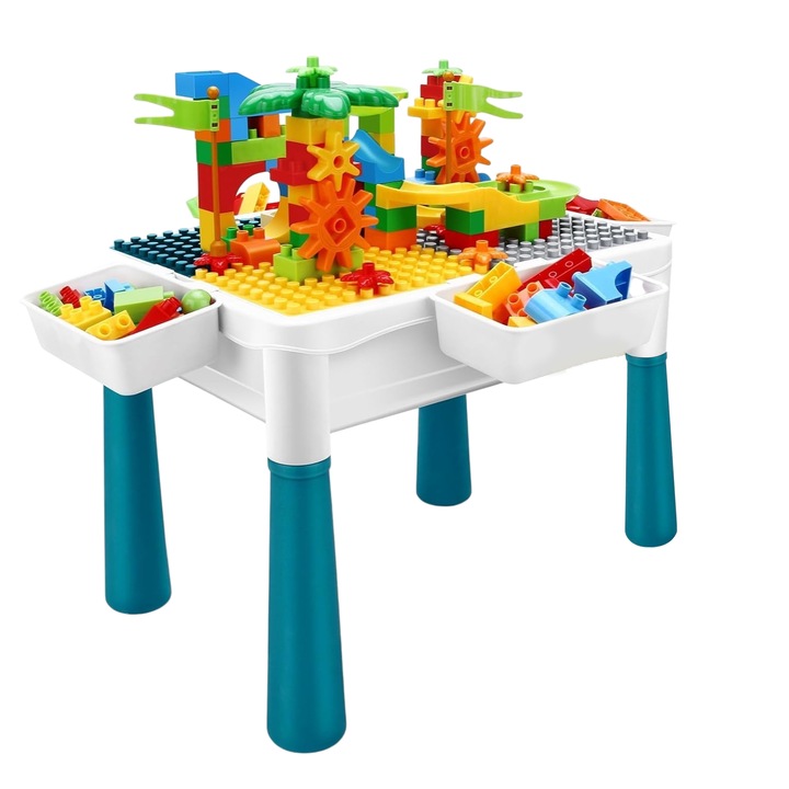 Interaktív asztal, LE-GO típusú, különféle kockákkal és tárolóhellyel, ideális a kreativitás fejlesztéséhez, oktató játék, állítható magasságú, biztonságos, tartós anyagokból, 3-5 éves gyermekek számára alkalmas, többszínű, HAPPY JOKER®