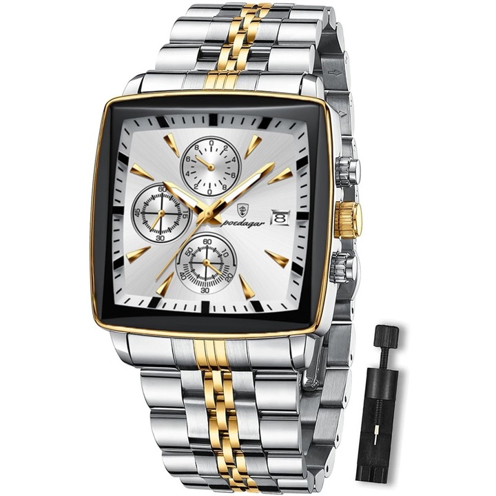 Ceas barbati MOSMAOO®, Quartz, Aliaj Usor, Bratara Inox, Cadran Alb-Auriu, 3ATM, Indici Luminosi, Functii Multiple